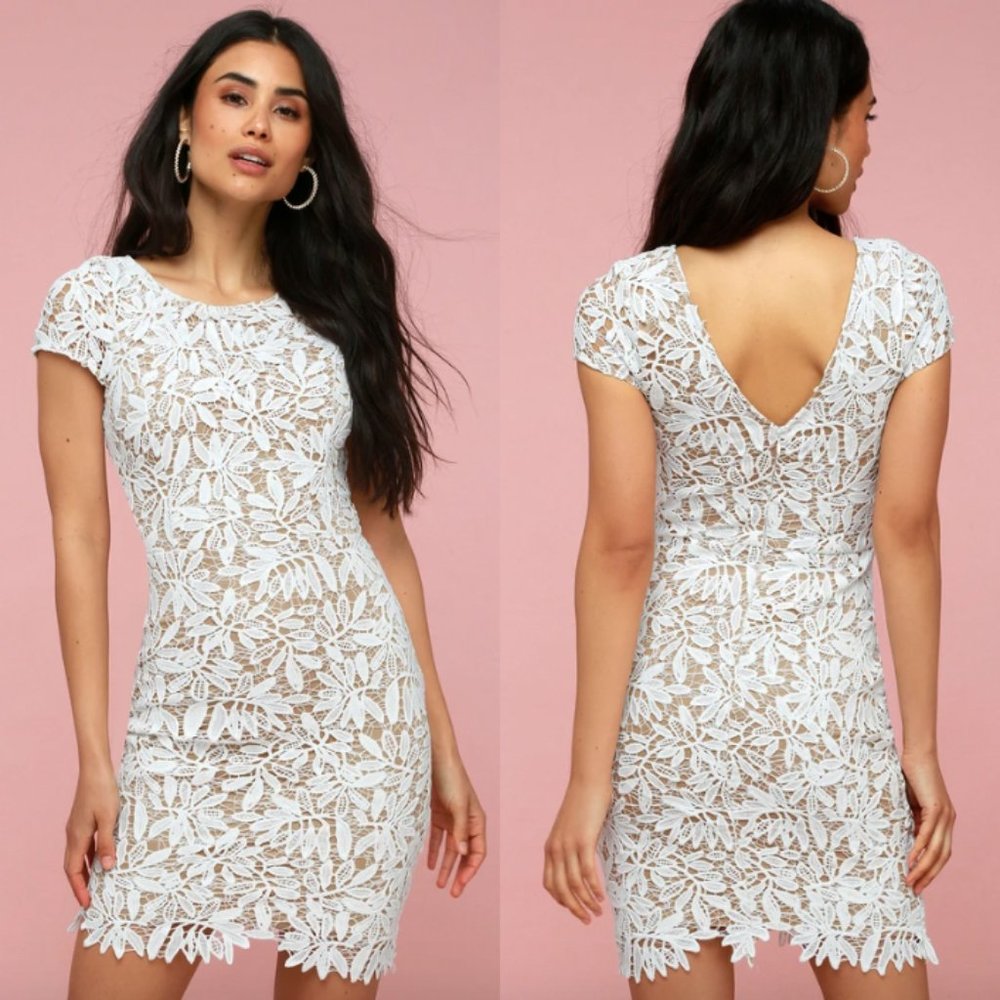 NWOT Lulus white nude illusion lace cap short sleeve bodycon sheath mini dress